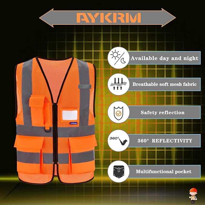 A-SAFETY High Visibility Mesh Safety Reflective Vest with Pockets and Zipper,Hi Vis Viz Reflective Safety Vest(Orange Mesh XXL)