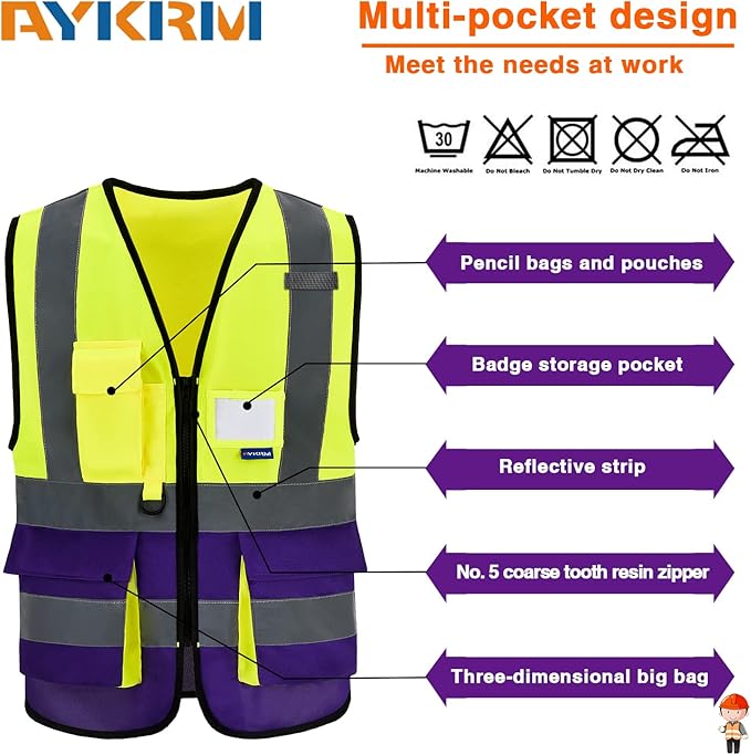6XL 8XLHigh Visibility REFLECTIVE Safety Vest with 4 Reflective Strips 7 Pockets Yellow&Purple
