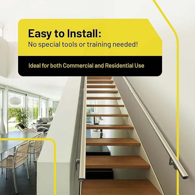 Promenaid 11ft Flush Handrail Kit - Champagne - Complete Indoor/Outdoor Handrail for Stairs - 1.6" Round Anodized Aluminum Railing with 4 Champagne Painted Pivoting Brackets & Flush Endcaps