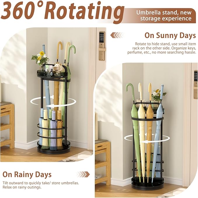 Rotating Free Standing Umbrella Holder for Entryway & Steel Round Umbrella Stand with Drip Tray, Acrylic Box, Holds 9+Umbrellas, Umbrella Rack Storage Canes,Sticks for Indoor Home Office,Black