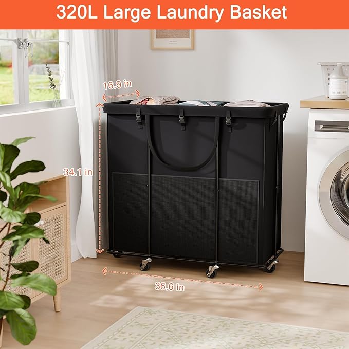 320L Laundry Hamper with Wheels, Rolling Laundry Basket with Metal Frame and Removable Bag, Large & Tall Dirty Clothes Hampers for Bedroom Aesthetic, Laundry Room, Bathroom, Dorm-Black