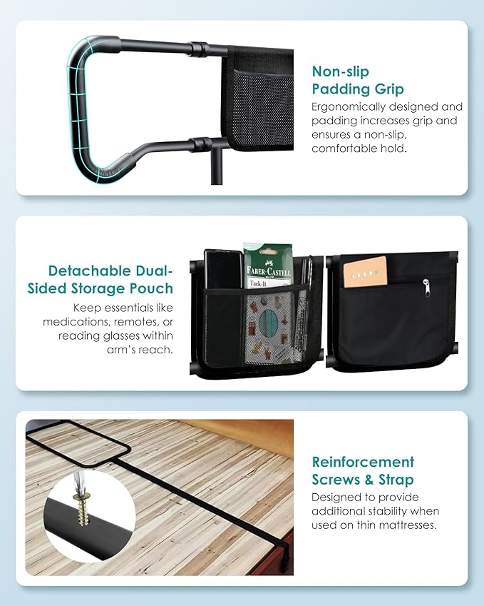 AMOVO Bed Rails for Elderly Adults Safety - Foldable Bed Assist Rails for Seniors Bed Side Grab Bar with Sensor Light, Adjustable Bedside Railing Safety Guard Rail Cane (ASTM F3186–17 Certified)
