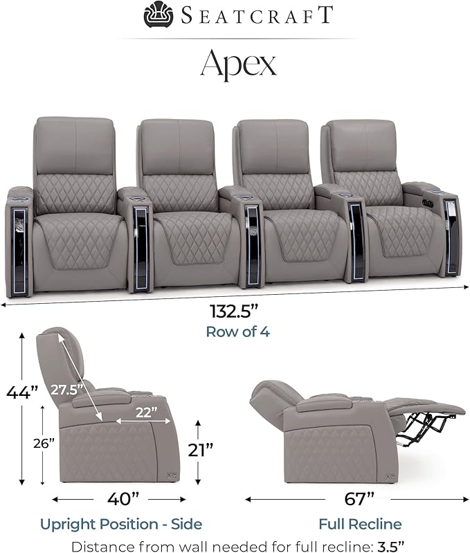 Seatcraft Apex Zero-Gravity CoolZero Italian Leather Home Theater Seating, Powered Headrest, Powered Lumbar, Powered Recline, Row of 4, Gray