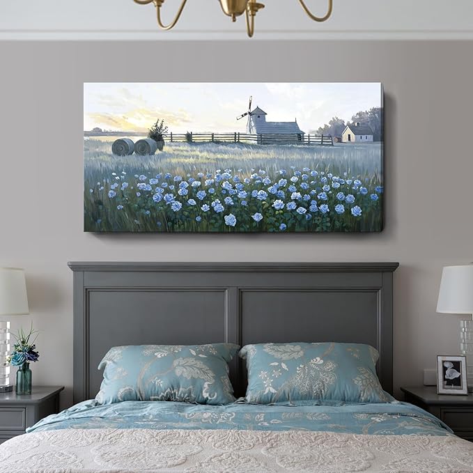 amatop Oversized Farmhouse Wall Art: Blue Rose & Windmill Botanical Landscape Canvas Print - Large Tranquil Floral Scene, Ideal for Living Room, Dining Room, or Hallway Decor | 58x29 Inches