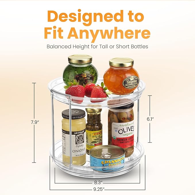 Oizeir Clear Two Tier Lazy Susan Organizer - Rotating Spice Rack Turntable for Kitchen Cabinet, Countertop, Bathroom or Dining Table. Spinning Carousel Racks for Counter and Pantry Cabinet Storage