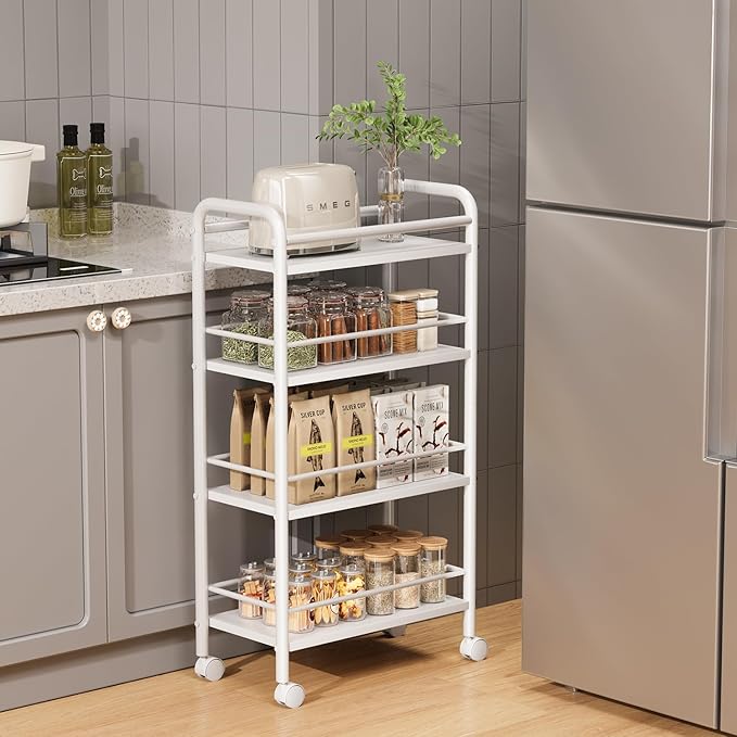 Slim Rolling Cart, 4-Tier Narrow Storage Cart with Handle, 9.1 Inches Deep, Bathroom Shelf for Small Spaces, Kitchen, Dining Room, Living Room, Laundry Room, White