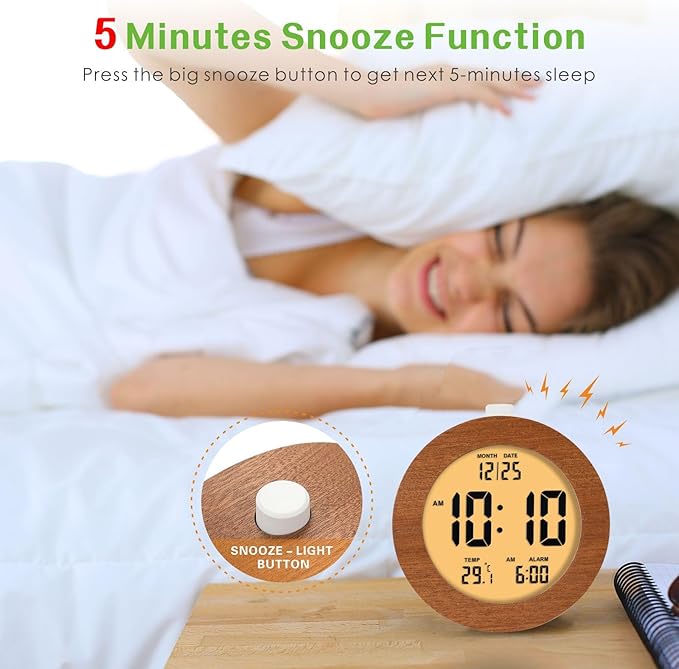 Plumeet Wooden Digital Alarm Clock for Bedrooms, Wood 4'' Battery Powered Alarm Clock with Snooze and Nightlight, Electronic LCD Desk Clock Display Time, Date, Temp, 12/24H, Wood Décor, Round, Sapele