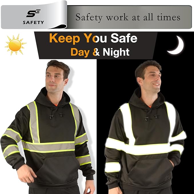 sesafety Class 3 Hi-Vis Hoodie for Men, Reflective Safety Sweatshirt, Black High Visibility Hooded Pullover