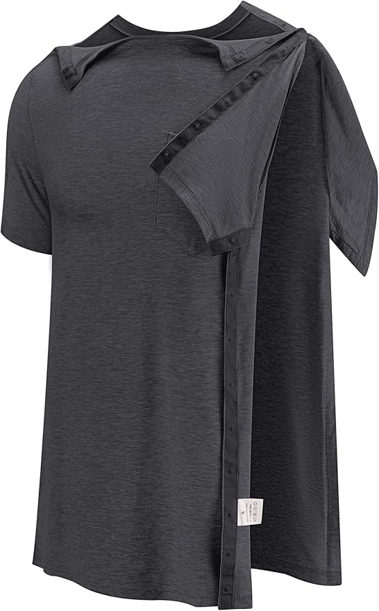Poriff Men's Post Shoulder Surgery Recovery Shirts Full Tear Away Short Sleeve Snap Chemo Port Access Shirt