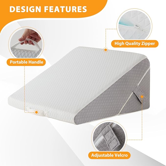 Bed Wedge Pillow for Sleeping, 9&12 Inch Adjustable Wedge Pillow Set for After Surgery, Triangle Pillow for Back Pain Relief, Leg Support, Acid Reflux, Gerd, White/Grey