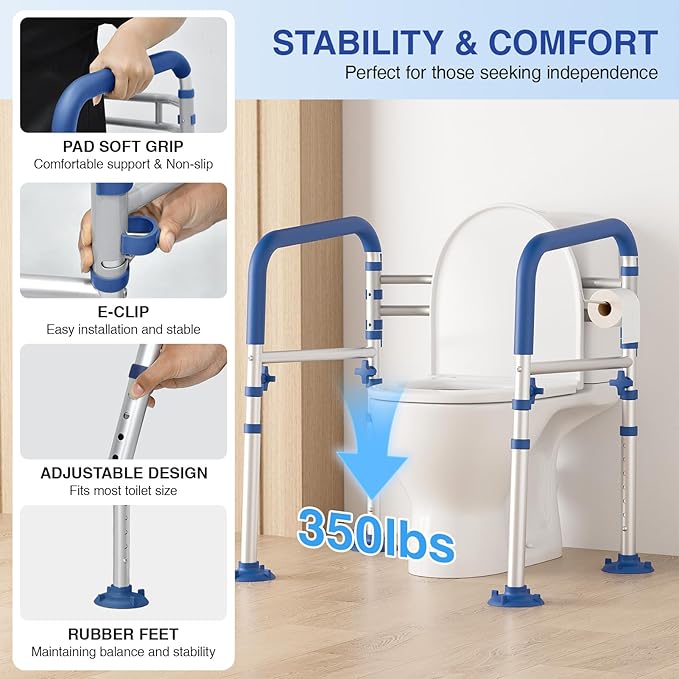Foldable Toilet Safety Rails for Seniors - Adjustable Toilet Safety Frame & Toilet Handles for Elderly & Disabled, Fits Most Toilets, 350lb Capacity, Blue