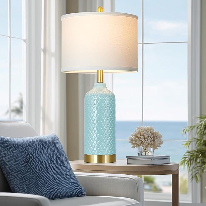 26“ Aqua Blue Ceramic Table Lamps Set of 2, Coastal Ceramic Lamps for Bedroom, Modern Bedside Lamp for Living Room, Elegant Farmhouse Nightstand Lamp for Desk Side End Table Home Decor