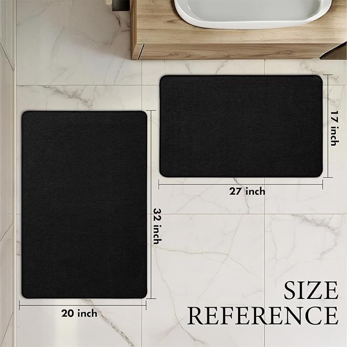 MIULEE Set of 2 Ultra Thin Bathroom Rugs, Rubber Bath Mats for Bathroom Non Slip, Quick Dry Absorbent Bath Rug Machine Washable, Fit Under Door, Shower, Sink, Halloween Decor, Black, 17"x27"+20"x32"