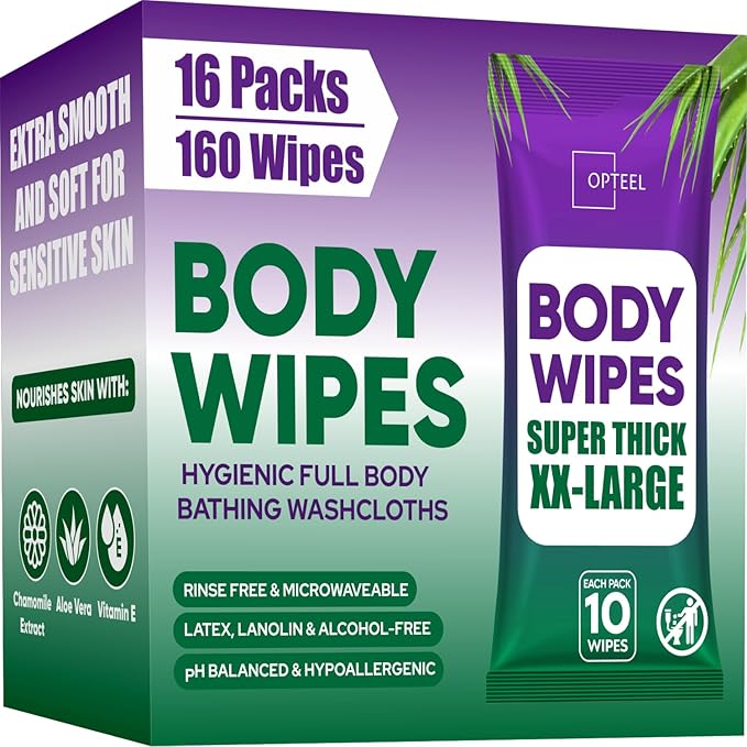 Super Thick Bathing Wipes for Adults Bathing No Rinse – Full Body Shower Wipe, Ideal for Men, Women & Elderly – Extra Large & Soft Travel Wipes Perfect Alternative to Shower – 16 Packs (160ct)