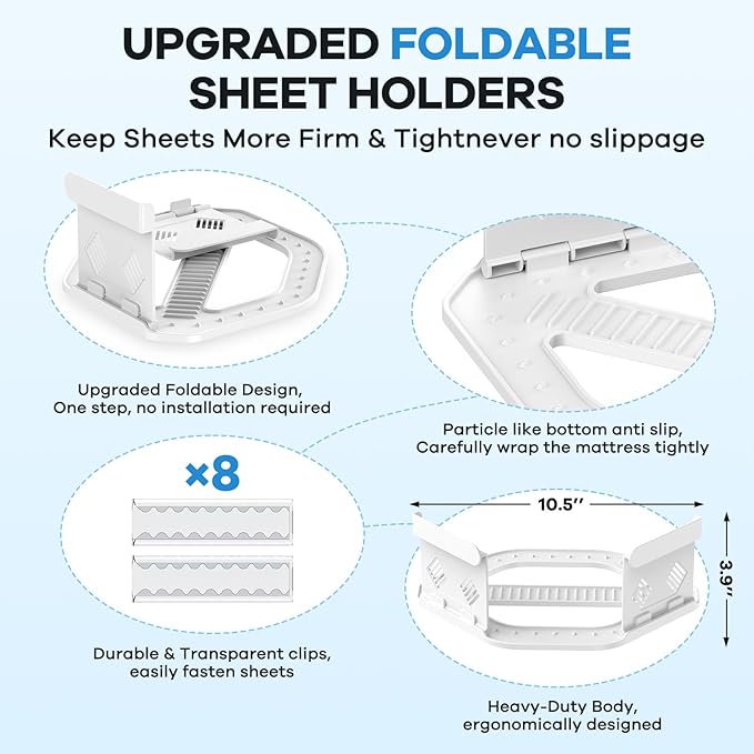 Upgrade Bed Sheet Holders for Corners Keep Sheets Firm & Tight, Foldable Lock Sheet Holders Set of 4, Heavy Duty Bed Sheet Clips, Sheet Locks, Fit All Mattress Easy Install, White