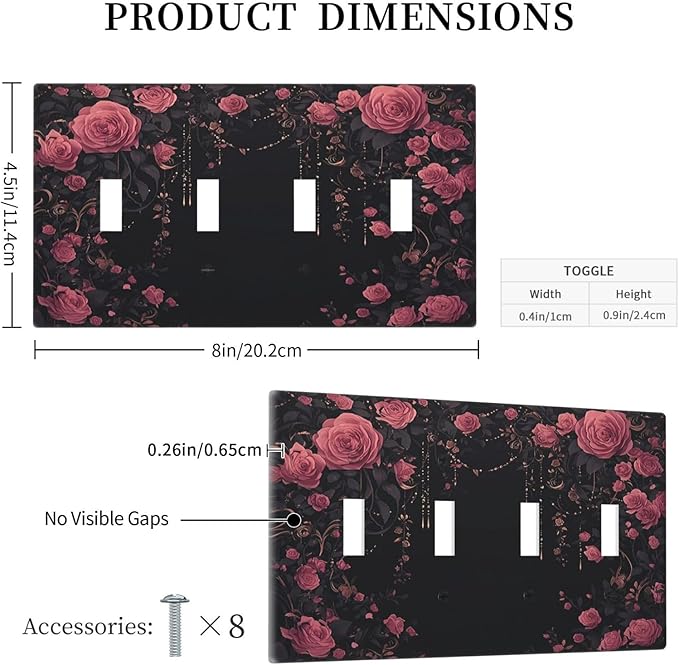 Light Switch Covers Dark Background Red Rose Leaf Quad Toggle Electrical Faceplate 4 Gang Wall Plate Decorative Switch Plates for Bedroom living Room Decor