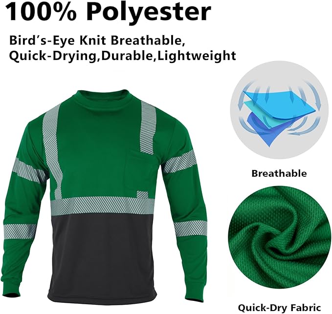 VENDACE 3pcs Safety T Shirts Reflective High Visibility Hi Vis Long Sleeve Construction Work Shirts for Men Class 3