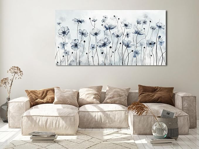 VEAEE Framed Flowers Canvas Wall Art - Indigo Floral Canvas Pictures, Living Room Wall Decor, Botanical Canvas Prints Painting Abstract Artwork Bedroom Office Home Decor 29"x58"