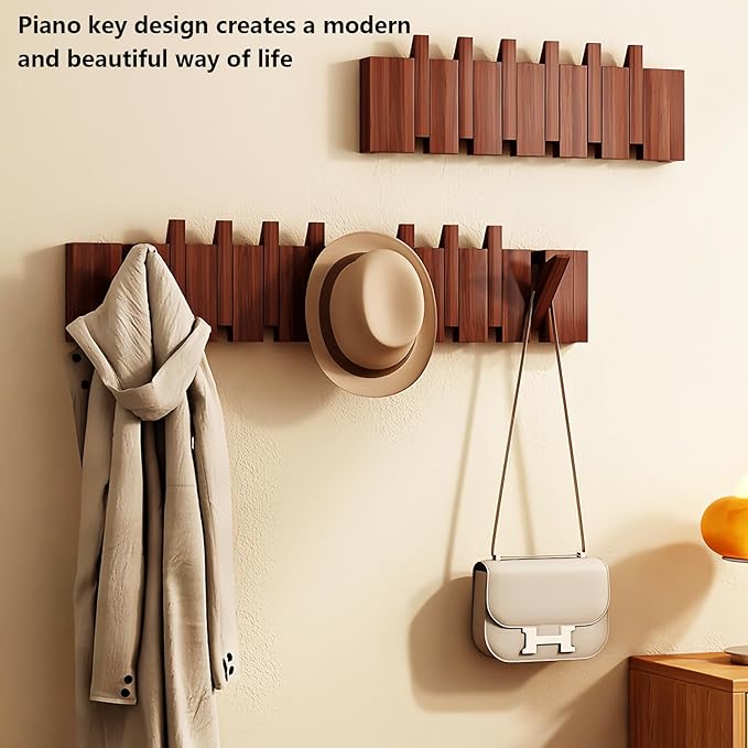 Wall Mounted Piano Key Hanger | Flip Style Hook | Entrance Wall Art Hook, Made of Oak Wood (3 Times Painted, 4 Times Polished) (Walnut, 6Hooks)