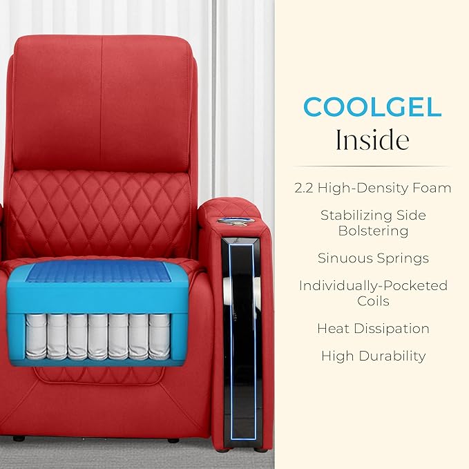 Seatcraft Apex Zero-Gravity CoolZero Italian Leather Home Theater Seating, Powered Headrest, Powered Lumbar, Powered Recline, Row of 3 Sofa, Red