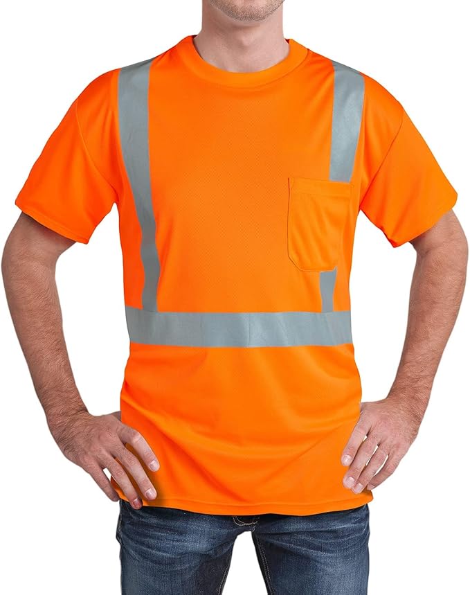 High Visibility Shirts Quick Dry Safety T Shirts with Reflective Strips and Pocket Short Sleeve Mesh Hi Vis Construction Work Class 2 Shirt for Men/Women Orange,Small