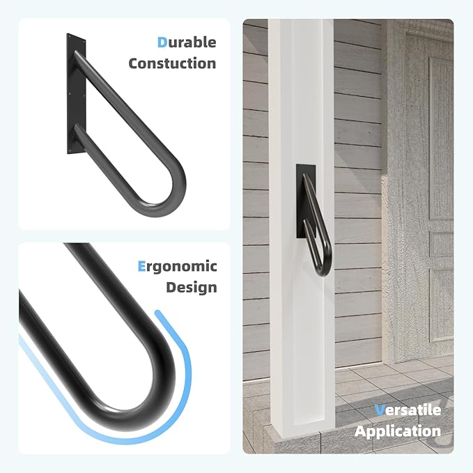 2 Pack Handrails for Outdoor Steps Wall Mount, Railings for 1-2 Steps, U-Shaped Handrail with Matte Black Finished, Stair Handrails for Garage, Porch, Yard and Garden (18" Length, 1.25" Pipe)