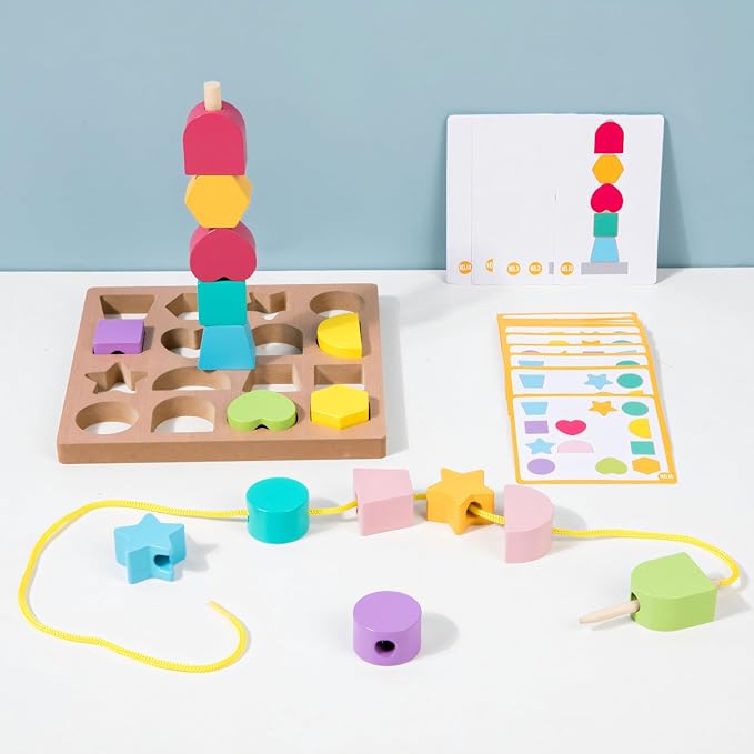 Dementia Activities for Seniors, Memory Cognitive Games for Seniors, 3-in-1 Shape Matching Alzheimers Products for Elderly, Beads Sequencing Lacing Busy Box Board Gadgets Gifts