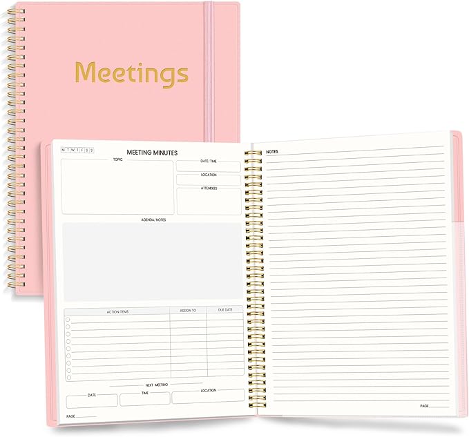 SUNEE Half Meeting Half Note 8.5"x11" Notebook for Work – 140 Pages, A4 Size Project Planner for Women&Men, Minutes Organizer for Meeting Notes, Ideas for Office/Business, PVC Waterproof Cover, Pink
