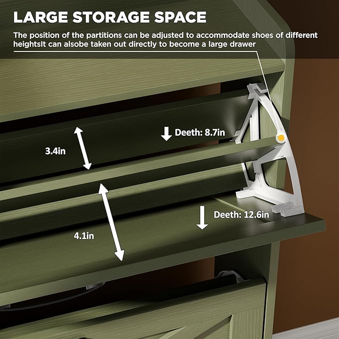 Maupvit Shoe Storage Cabinet with 2 Flip Drawers, Freestanding Shoe Organizer with Metal Legs for Entryway, Narrow Shoe Rack Cabinet, Green