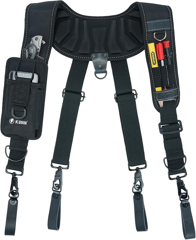 KUNN Leather Tool Belt Suspenders Construction Bag Suspenders Molded Air Channel Work Belt Suspender for Carpenter Electrician,Black