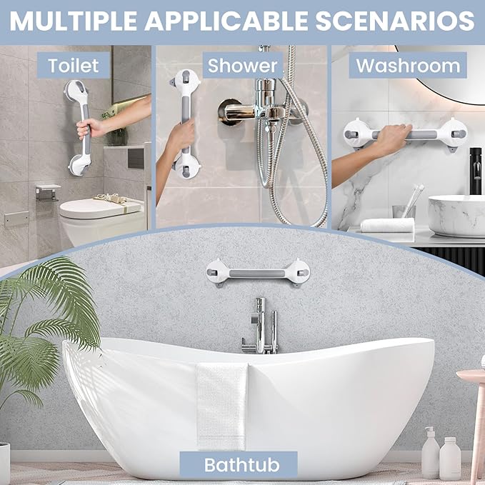 Grab Bars for Bathtubs and Showers, 16.5 Inch Handicap Shower Handle Safety with Indicators, Suction Cup Grab Bar for Shower Chair Stool, Seniors, Elderly (2 Pack)