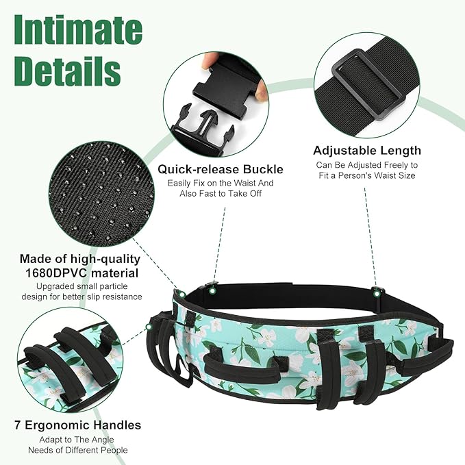 Rhino Valley Gait Belt Transfer Belt for Senior with 7 Handles, 59" Anti-Slip Transfer Belt for Elderly, Lift Belt with Quick Release Buckle, Medical Nursing Safety Patient Assist, Green Lily