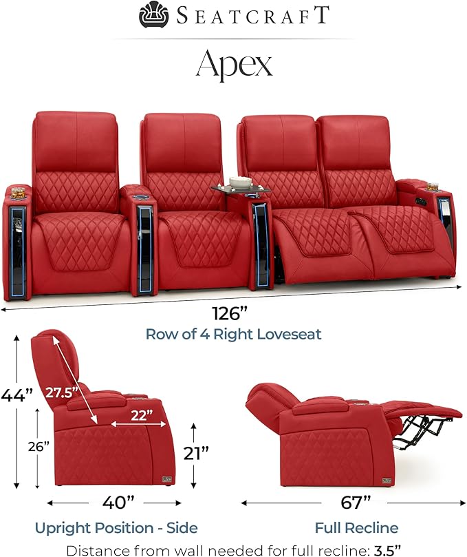 Seatcraft Apex Zero-Gravity CoolZero Italian Leather Home Theater Seating, Powered Headrest, Powered Lumbar, Powered Recline, Row of 4 Right Loveseat, Red