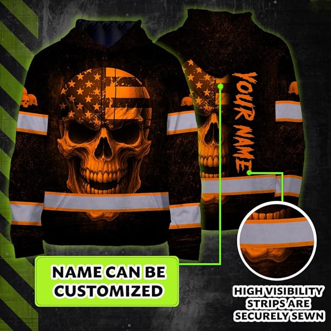 Matedecor Skull US Flag Reflective High Visibility Hoodie For Men Construction Hi Vis Safety Workwear Custom Name