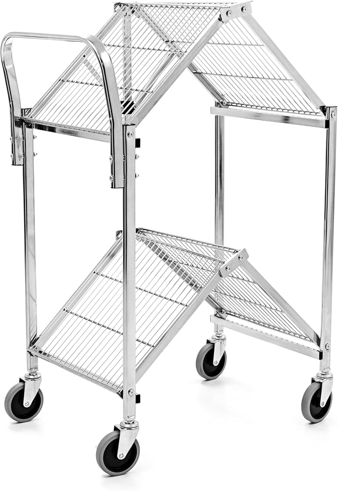 Stand Steady Original Tubstr Collapsible 2 Shelf Wire Cart, Easy to Push Heavy Duty Rolling Utility Cart, Folds Up for Storage, Commercial Grade (Chrome, 33.56” D x 18” W x 37.16” H)