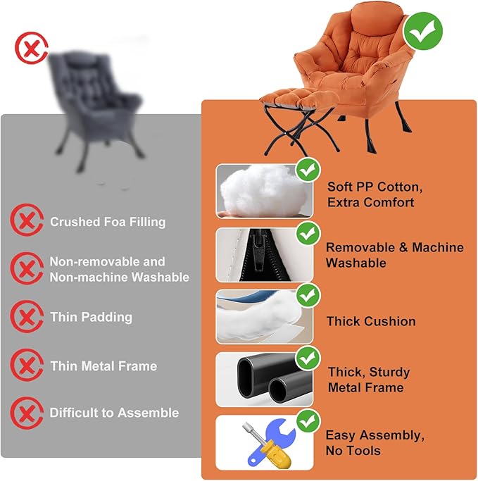Lazy Chair with Ottoman, Modern Chair with Folding Footrest, Lounge Accent Chair, Comfortable Reading Chair, Oversized Armchairs for Bedroom, Study, Living Room, Courtyard, Orange