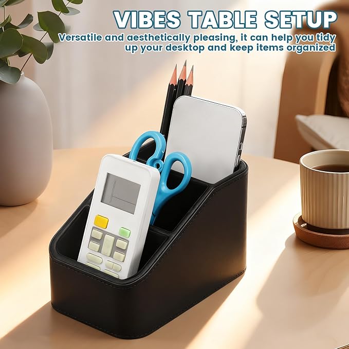 PU Remote Control Holder, Small Desk Organizer Office Supply Bedside Caddy for Nightstand End Table Remote Organizer with 3/4 Compartment (Black)(3 grids)