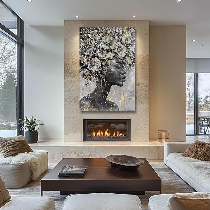 MLART99 African American Posters Black Woman Wall Art Gold and White Floral Canvas Artwork for Living Room Modern Photo Prints for Home 24x36 Inch Bedroom Pictures Wall Decor