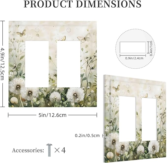 Dandelions Butterflies Watercolor Wildflowers Floral Decorative Outlet Covers 2 Gang Double GFCI Rocker Electrical Wall Panels Light Switch Cover Plate for Bedroom Living Room Decor