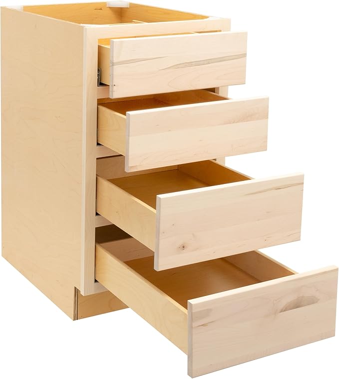 Quicklock RTA (Ready-to-Assemble) | Base Kitchen Cabinets - Shaker Style | Made in America (Raw Maple, 18" Wx34.5 Hx24 D 4 Drawer)