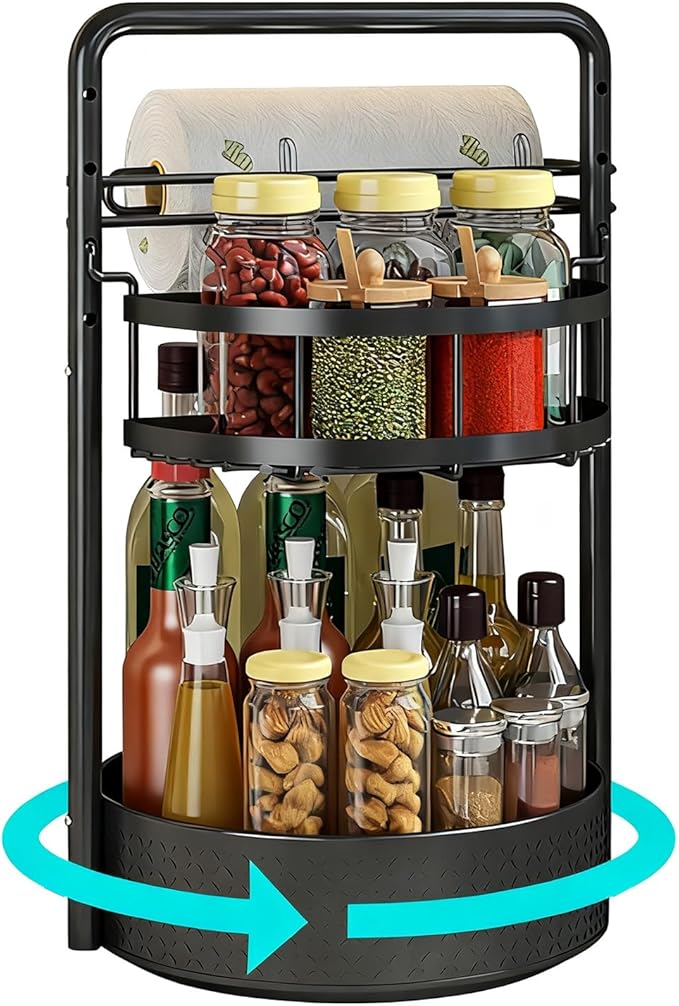 JEESA Lazy Susan Organizer, 360° Rotating Metal Spice Rack with Paper Towel Holder, Turntable Spice Holder for Condiments, Bottles, Jars, Suit for Kitchen Countertop & Cabinet, Black