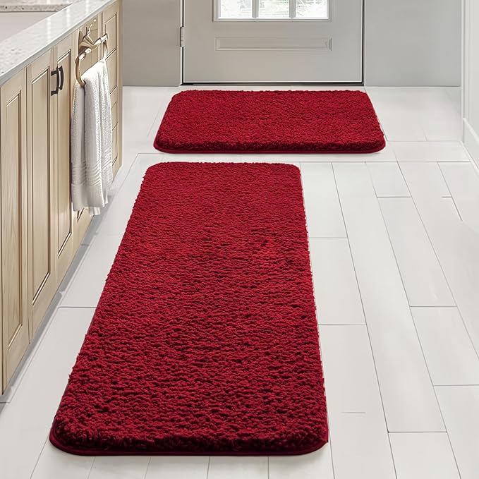 MIULEE Christmas Red Extra Thick Non Slip Bathroom Rug Shaggy Soft Bath Mat Plush Microfiber Absorbent Water for Shower Tub Machine Washable (16x48 Inches)