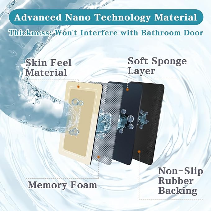 Bath Mat, Bathroom Mat Rugs Super Absorbent Shower Mats Non Slip Quick Dry Thin Rubber Mats for Bathroom Floor Fit Under Door, Shower Rug for Bathtub, Shower, Beige