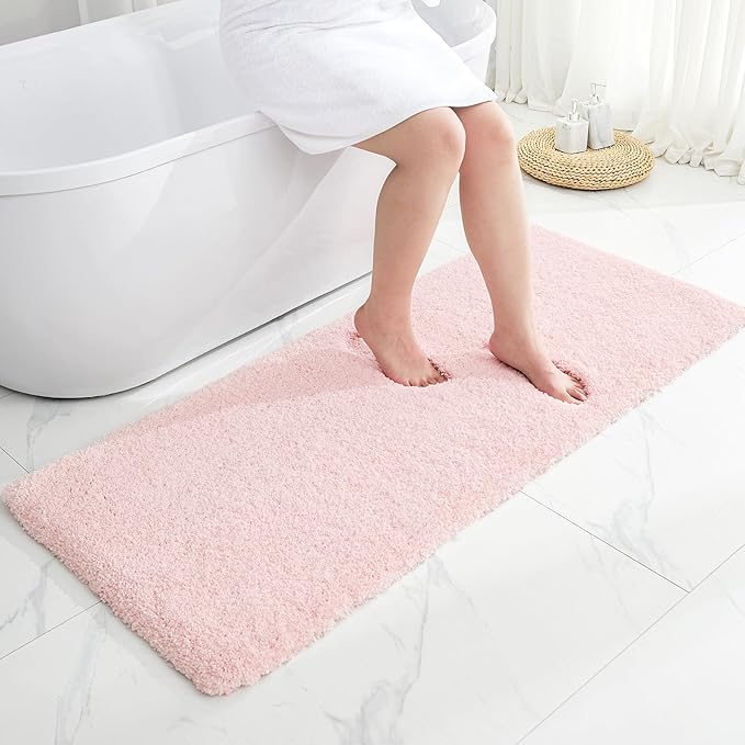 Pink Bathroom Rug 24x48 Non Slip Fluffy Bath Mat for Bathroom Floor Washable Plush Luxury Bath Rug for Tub Soft Shaggy Absorbent Shower Sink Mat