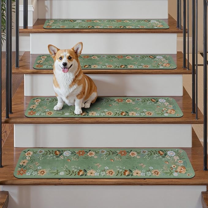 OJIA Floral Stair Treads Non-Slip Stair Runners for Wooden Steps Indoor 15PCS 30"x8" Stair Mats Staircase Step Treads for Kids, Elders and Dogs, Stair Covers, Green