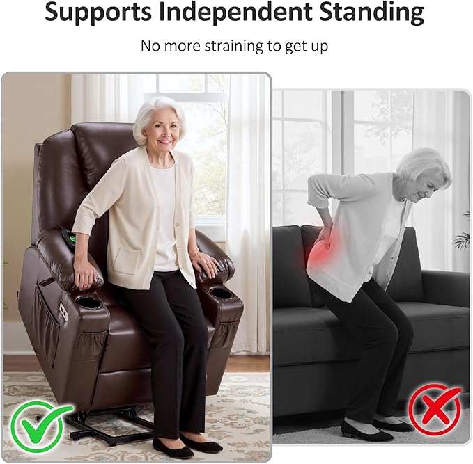 MCombo Power Lift Recliner Chair for Elderly, Lift Chair with Heat and Massage, FSC Certified, USB Ports, Cup Holders, Faux Leather 7141 (Dark Brown, Small)