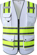 JKSafety 9 Pockets High Visibility Zipper Front Safety Vest | White with Dual Tone High Reflective Strips | Meets ANSI/ISEA Standards (901-White, Medium)