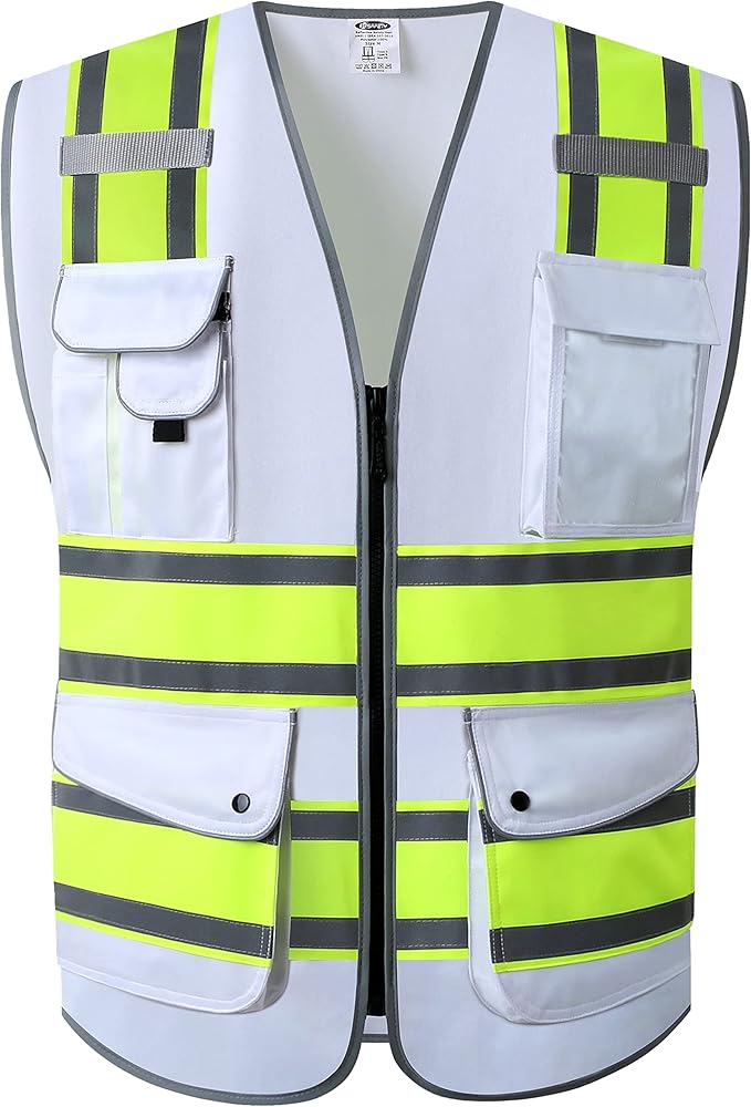 JKSafety 9 Pockets High Visibility Zipper Front Safety Vest | White with Dual Tone High Reflective Strips | Meets ANSI/ISEA Standards (901-White, Medium)