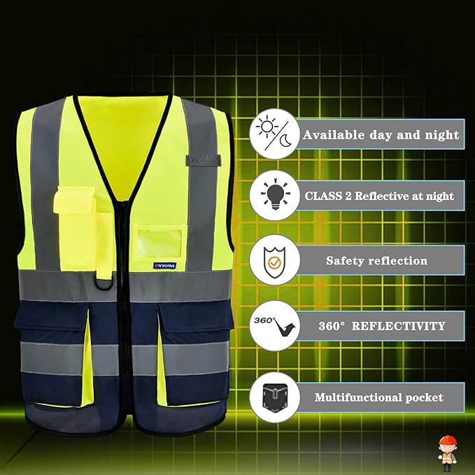 A-SAFETY High Visibility Safety Vest Reflective, 3M Multi Pockets Working Vest Zipper Front Class 2, Yellow&Navy, L
