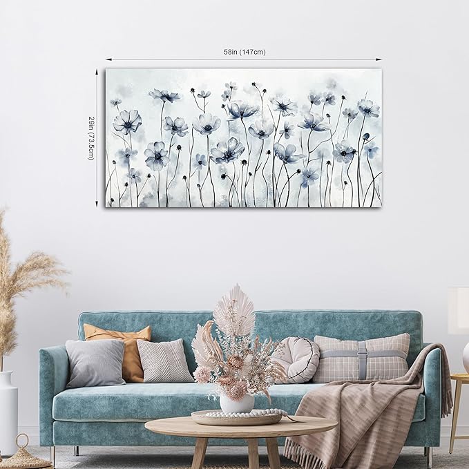 VEAEE Framed Flowers Canvas Wall Art - Indigo Floral Canvas Pictures, Living Room Wall Decor, Botanical Canvas Prints Painting Abstract Artwork Bedroom Office Home Decor 29"x58"
